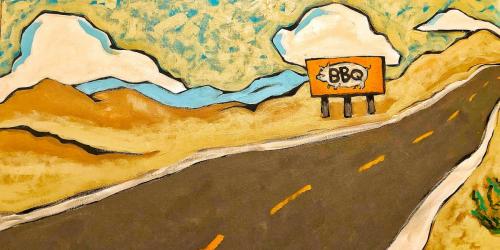 BBQ PIG, 2021. Acrylic on 30X15 canvas. Available at The Greyhound Gallery, Amarillo, TX. 806-318-4119.