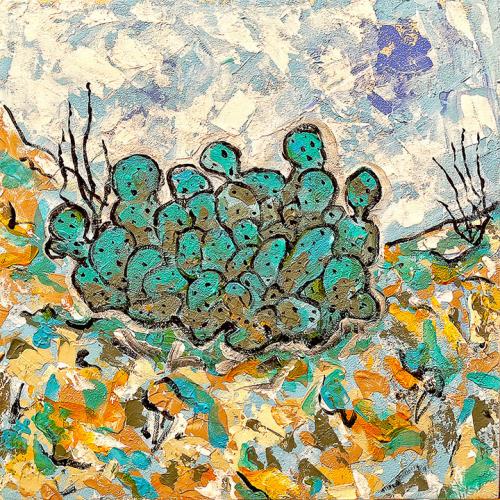Prickly Pear and Desert Wildflowers. 2021.  Acrylic on 12X12 Cradled Panel. Call 806-340-3156 for availability and price.