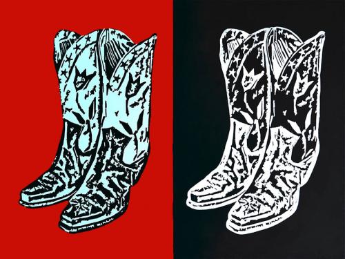 BOOTS, RED BLACK & WHITE. $450 + shipping. Acrylic and silkscreen on 30X40 canvas.